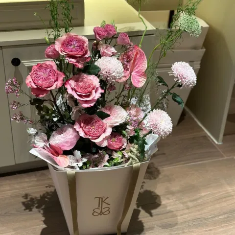 Pink Serenity Flower Bouquet with pink roses, chrysanthemums, and anthuriums