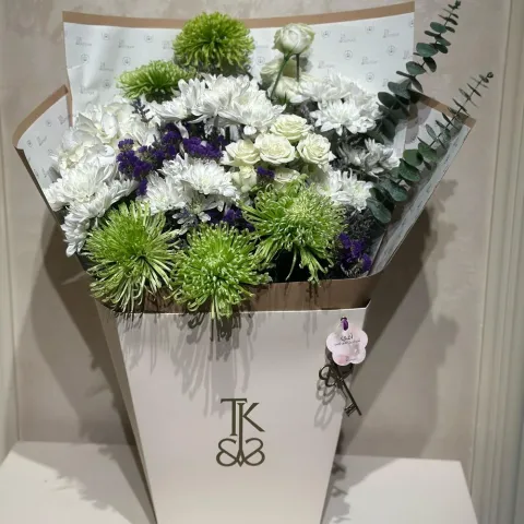 Pure Serenity Flower Bouquet with White Roses, Green Chrysanthemums, and Purple Flowers