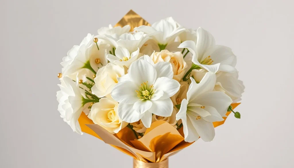 Custom white and gold bouquet fresh flowers with gold-dusted eucalyptus and metallic ribbon