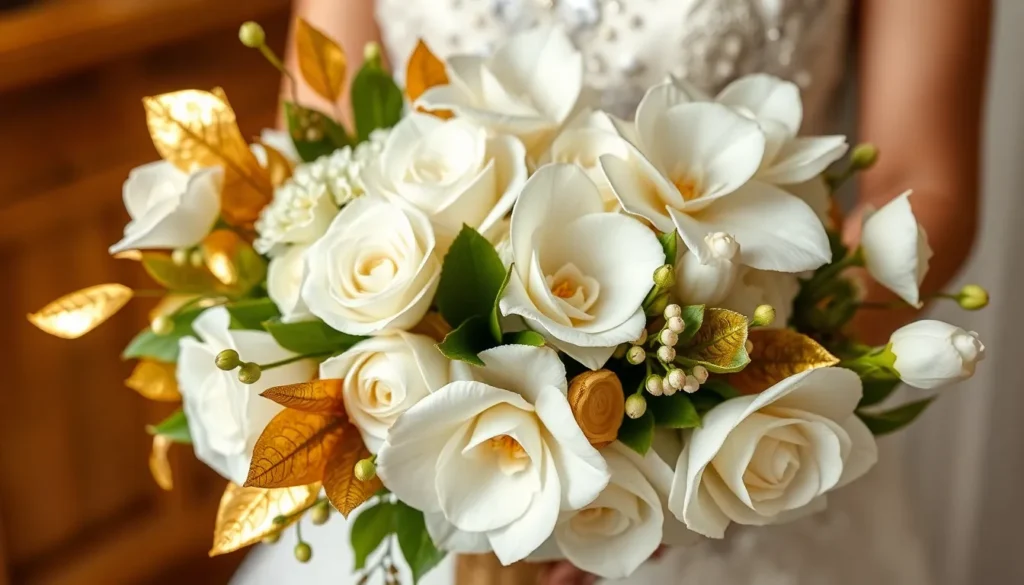Elegant white and gold floral arrangement with gold foil packaging for special occasions