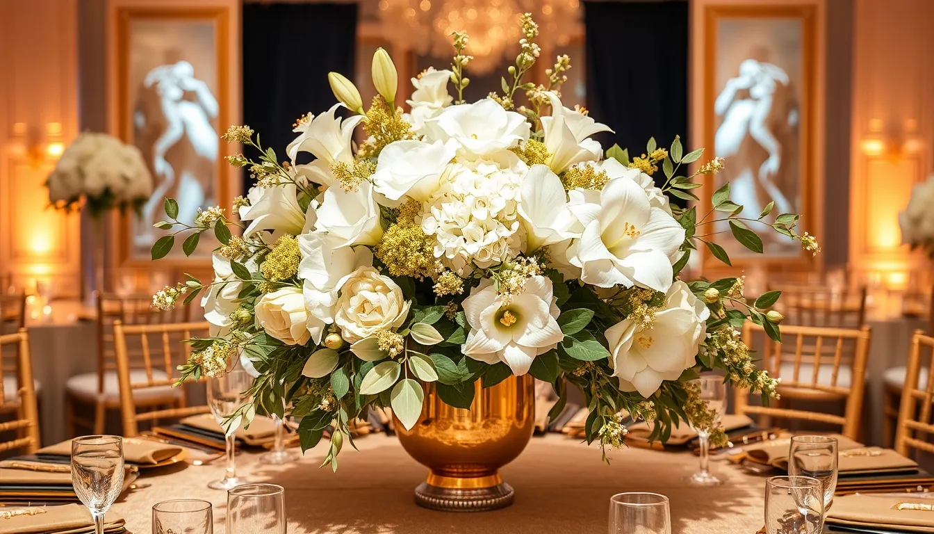 Sophisticated white and gold centerpiece with orchids for anniversary celebration decor