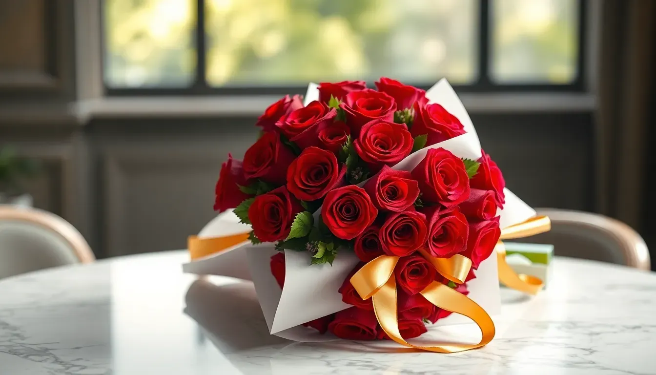 Elegant red anniversary flower bouquet with baby's breath for romantic celebrations in UAE