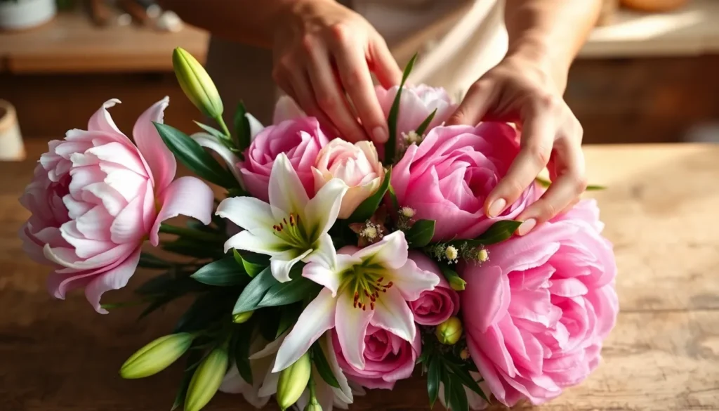 Florist creating a personalized anniversary bouquet with custom colors and fresh anniversary blooms